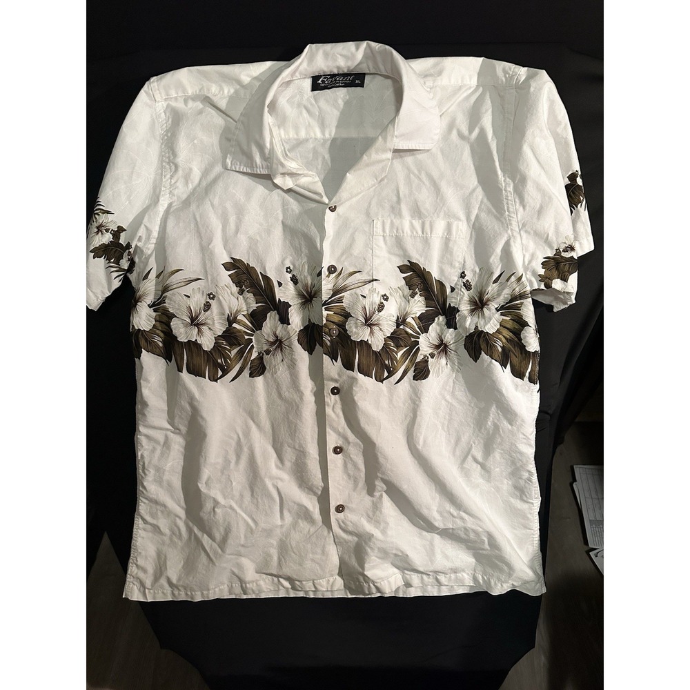 Favant Mens Hawaiian Shirt XL | White Hibiscus Floral Short Sleeve Button Up